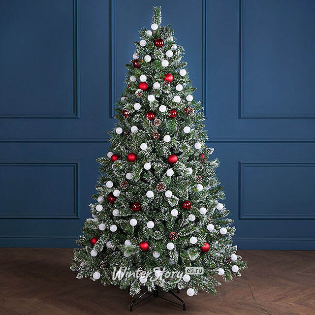 Искусственная елка с лампочками Kaprun Red заснеженная 180 см, 140 теплых белых LED ламп, ЛЕСКА + ПВХ Edelman