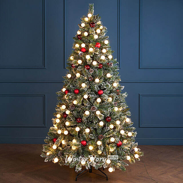 Искусственная елка с лампочками Kaprun Red заснеженная 180 см, 140 теплых белых LED ламп, ЛЕСКА + ПВХ Edelman