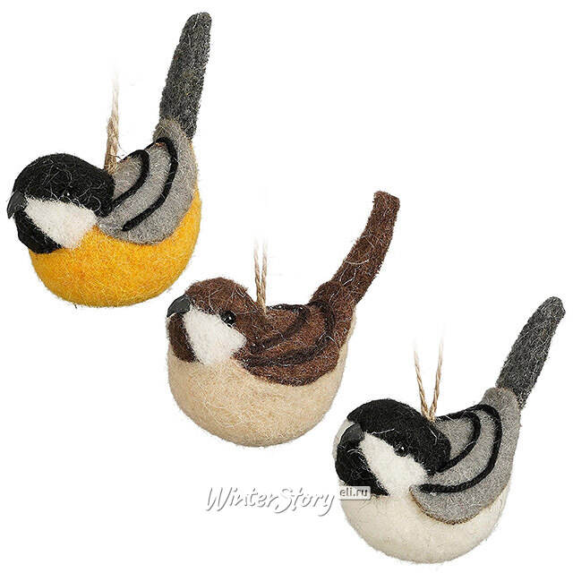 Елочные игрушки Птички: Воробьи-Синички 13 см, 3 шт Edelman