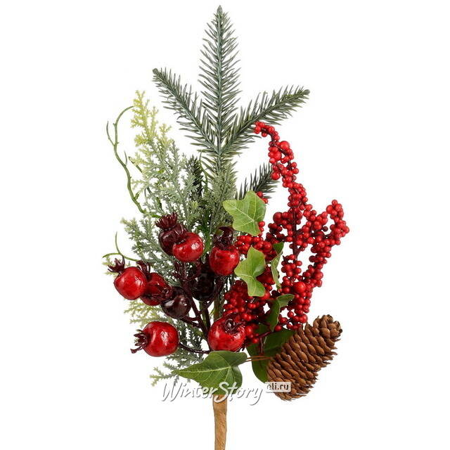Хвойная ветка Fairyland - Тайный Сад 35 см с красными ягодами, ЛИТАЯ 100% Edelman