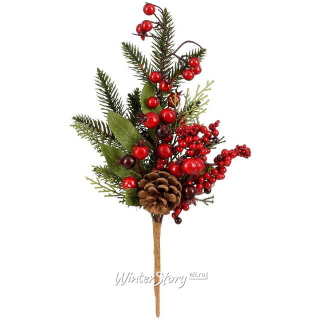 Хвойная ветка Abingdon 35 см с красными ягодами, ЛИТАЯ 100% Edelman