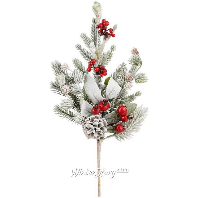 Хвойная ветка заснеженная Belfort 35 см с красными ягодами, ЛИТАЯ 100% Edelman