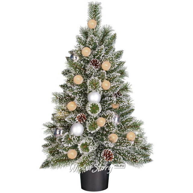 Настольная елка с лампочками Kaprun Silver заснеженная 90 см, 20 теплых белых LED ламп, таймер, на батарейках, ЛЕСКА + ПВХ Edelman