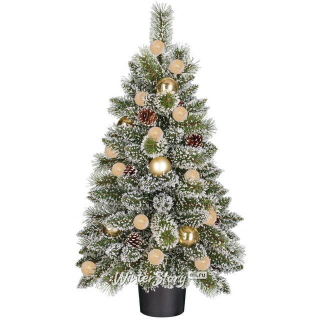 Настольная елка с лампочками Kaprun Gold заснеженная 90 см, 20 теплых белых LED ламп, таймер, на батарейках, ЛЕСКА + ПВХ Edelman