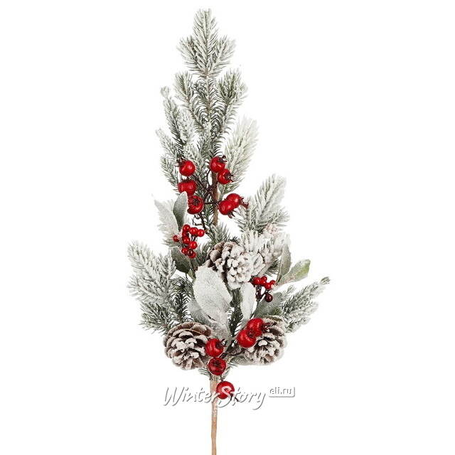 Хвойная ветка заснеженная Belfort 73 см с красными ягодами, ЛИТАЯ 100% Edelman