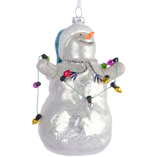 Стеклянная елочная игрушка Веселый Снеговик с гирляндой 13 см, подвеска Kaemingk