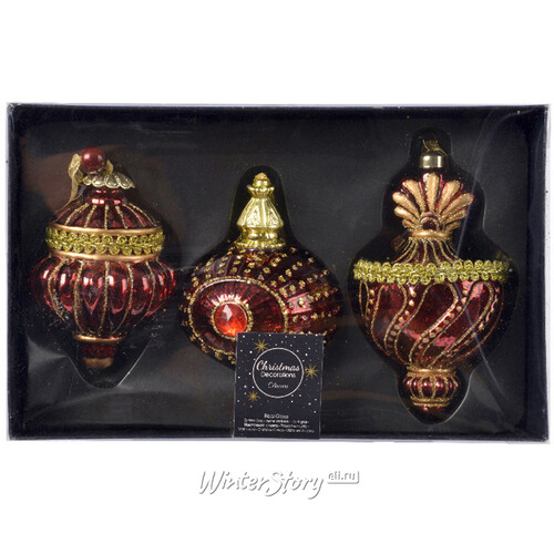 Набор стеклянных елочных игрушек Роял Людовико 10-12 см бордовый, 3 шт, подвеска Kaemingk