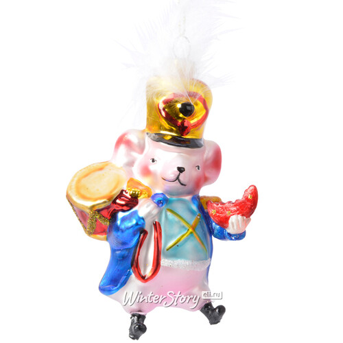 Стеклянная елочная игрушка Мышка-Гусар с барабаном 13 см, подвеска Kaemingk
