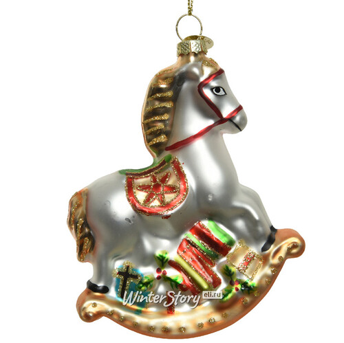 Стеклянная елочная игрушка Лошадка-качалка с подарками 12 см, подвеска Kaemingk