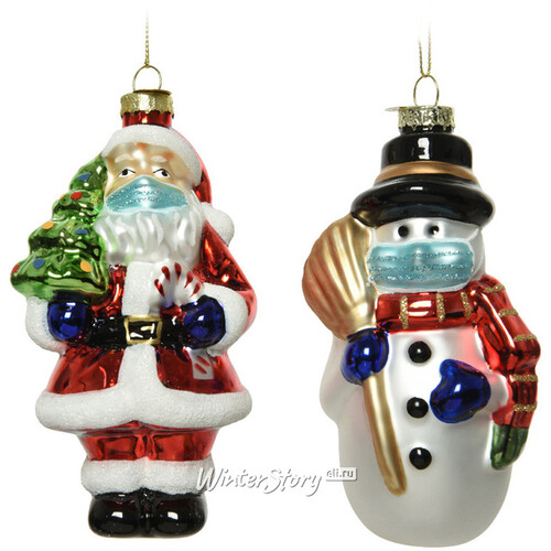 Набор стеклянных елочных игрушек Санта и Снеговик в масках - Anticovid Series 13 см, 2 шт, подвеска Kaemingk