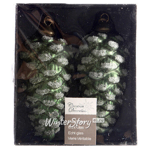 Стеклянная елочная игрушка Шишка Заснеженная 12 см зеленый бархат, 2 шт, подвеска Kaemingk