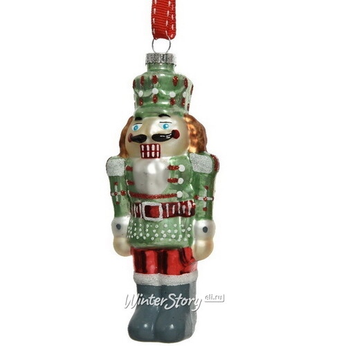 Стеклянная елочная игрушка Щелкунчик - Caramel Kingdom в зеленом 14 см, подвеска Kaemingk