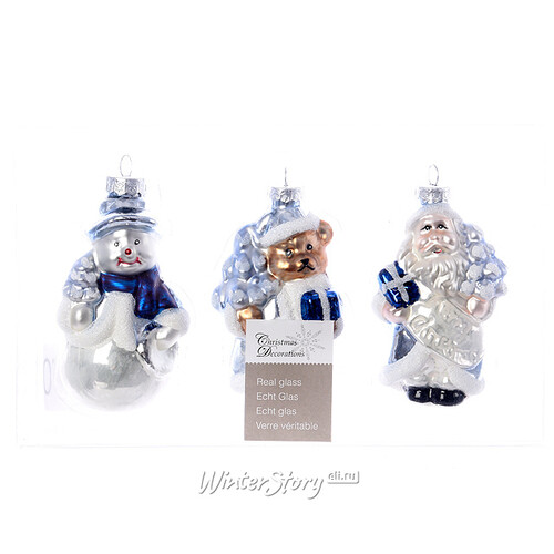 Набор елочных игрушек Санта и Друзья 9 см белые с синим, 3 шт, стекло, подвеска Kaemingk