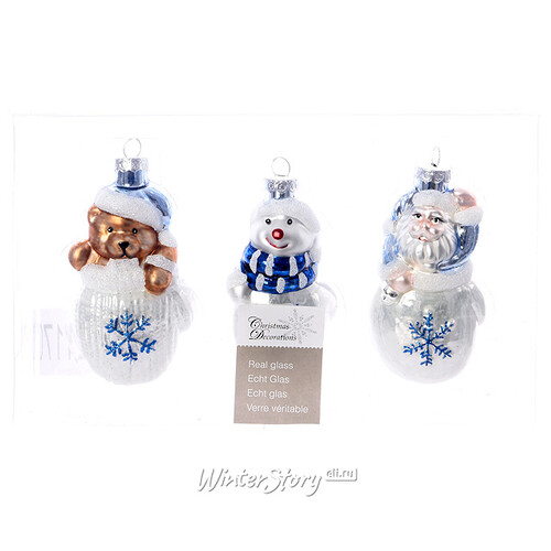 Набор елочных игрушек Санта и Друзья в белых рукавичках 9 см белый с синим, 3 шт, стекло, подвеска Kaemingk