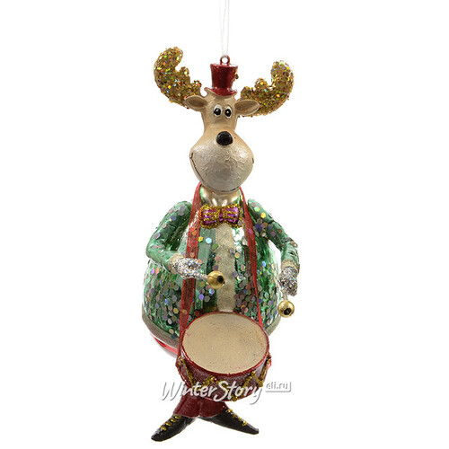 Елочная игрушка Веселый Лось Музыкант с Барабаном 17 см, стекло, подвеска Kaemingk