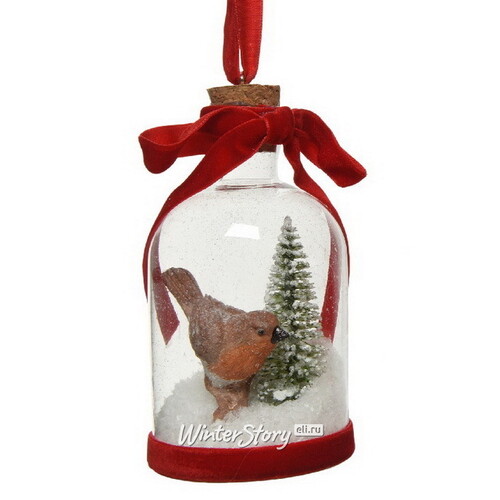 Стеклянная елочная игрушка с композицией Птичка с елочкой - Christmas Garden 16 см, подвеска Kaemingk