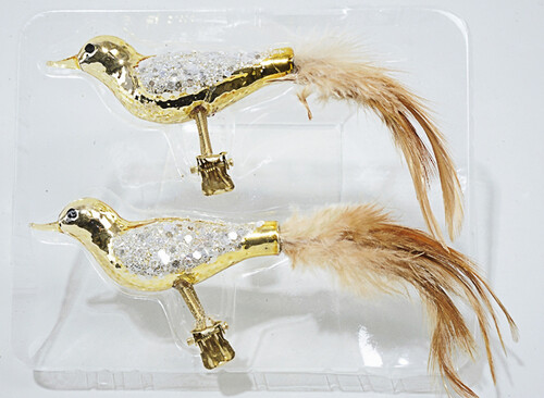 Елочное украшение "Птички", 9 см, 2 шт, золото, стекло, клипса Kaemingk