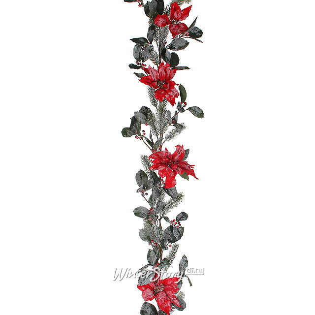 Хвойная гирлянда с красными пуансеттиями 180 см, ЛИТАЯ 100% Edelman