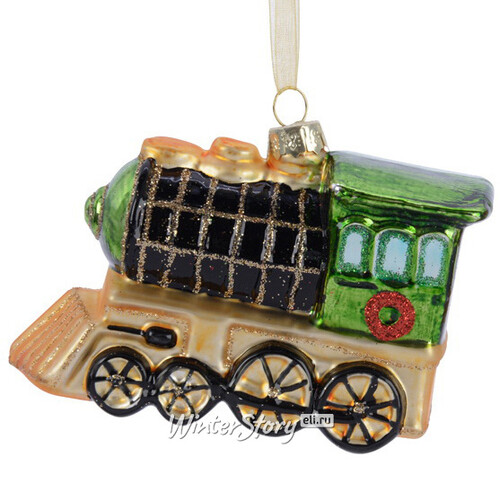 Стеклянная елочная игрушка Паровозик - Christmas Voyage 11 см, зеленый, подвеска Kaemingk