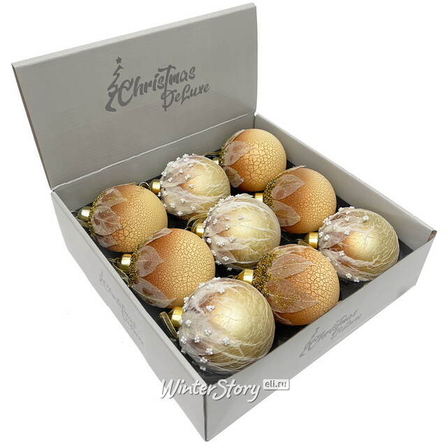 Набор стеклянных шаров Skansano - White Leaf 8 см, 9 шт Christmas Deluxe (Кристмас Делюкс)