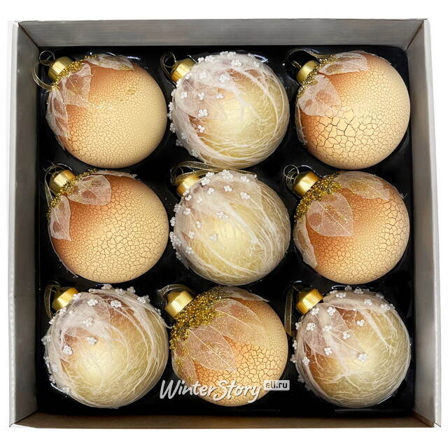 Набор стеклянных шаров Skansano - White Leaf 8 см, 9 шт Christmas Deluxe (Кристмас Делюкс)