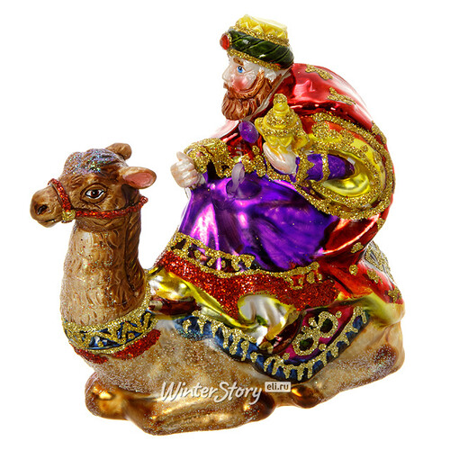 Стеклянная елочная игрушка Волхвы с Дарами 13 см, в фиолетовой рубашке на сидящем верблюде, подвеска Holiday Classics