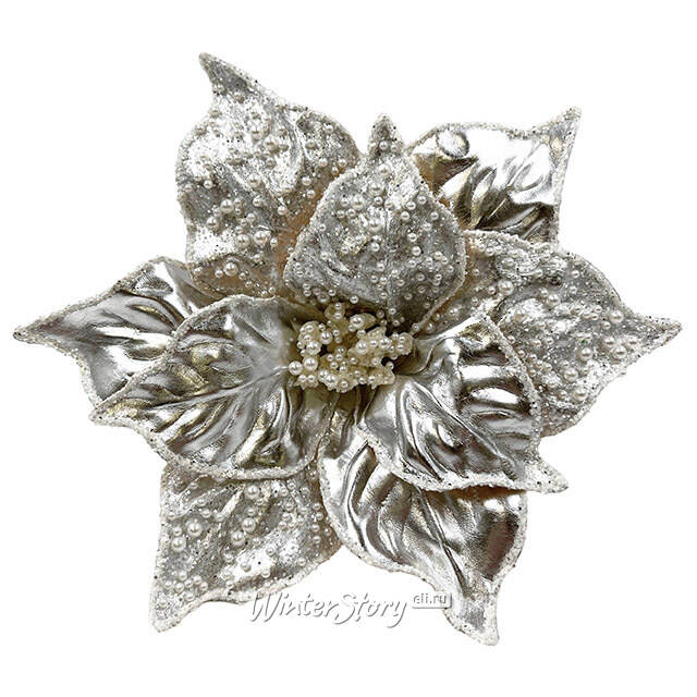Искусственная пуансеттия Letizia 27 см серебряная, клипса Christmas Deluxe (Кристмас Делюкс)