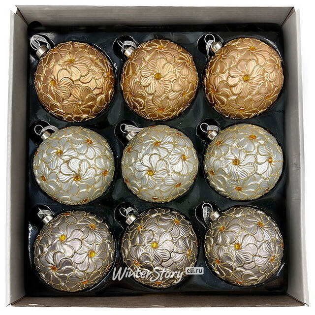 Набор стеклянных шаров Rosolina - Flower Fantasy 8 см, 9 шт Christmas Deluxe