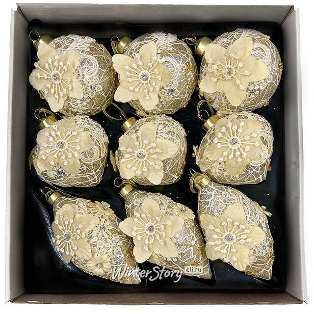 Набор стеклянных елочных игрушек Marinella - Cream Flower 8 см, 9 шт Christmas Deluxe