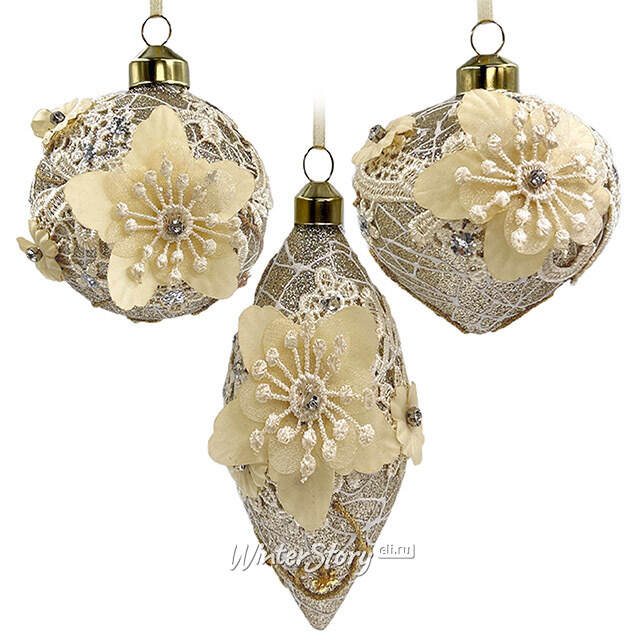 Набор стеклянных елочных игрушек Marinella - Cream Flower 8 см, 9 шт Christmas Deluxe