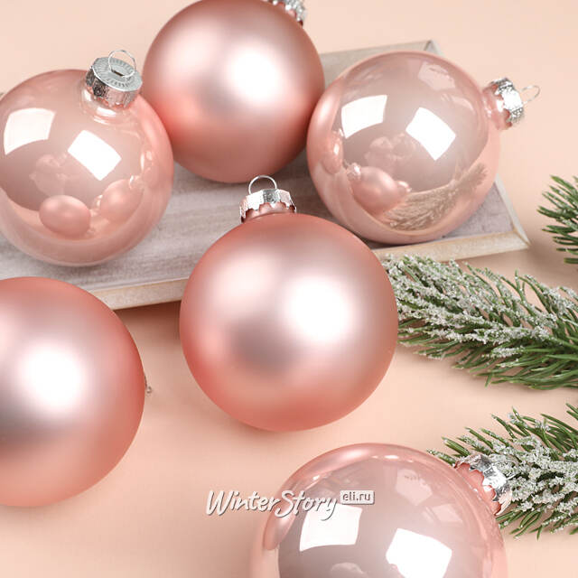 Набор стеклянных шаров 8 см розовый бутон микс, 6 шт Winter Deco