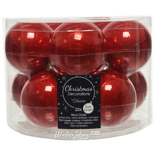 Набор стеклянных шаров 6 см рождественский красный глянцевый, 10 шт Winter Deco