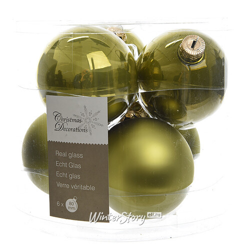 Набор стеклянных шаров 8 см оливковый mix, 6 шт Winter Deco