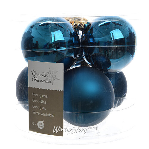 Набор стеклянных шаров 8 см лазурный синий mix, 6 шт Winter Deco