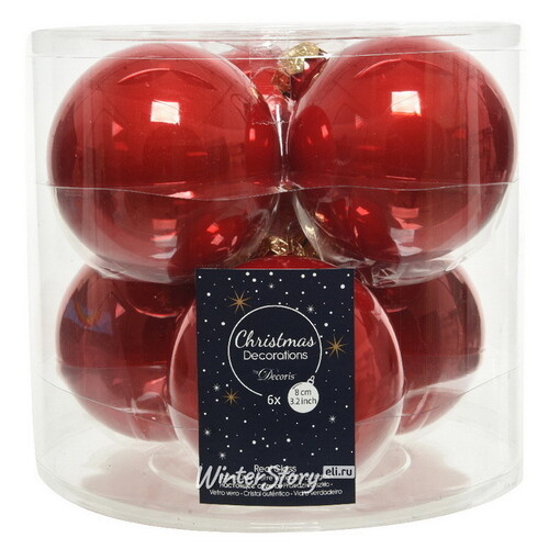 Набор стеклянных шаров 8 см рождественский красный глянцевый, 6 шт Winter Deco