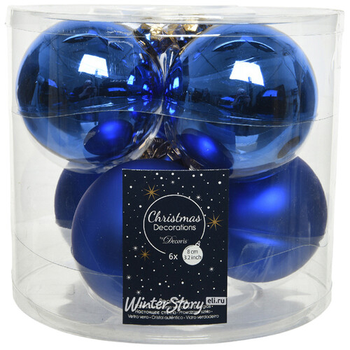 Набор стеклянных шаров 8 см синий королевский mix, 6 шт Winter Deco
