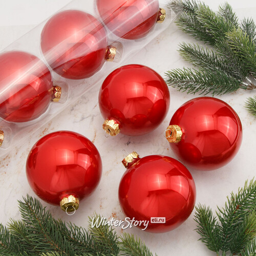 Набор стеклянных шаров 10 см рождественский красный глянцевый, 4 шт Winter Deco