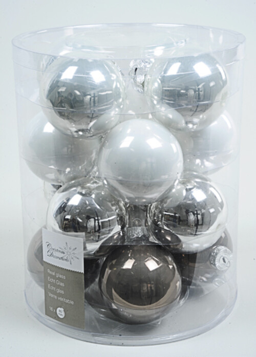 Коллекция стеклянных шаров Серебряные Грезы 8 см, 16 шт Kaemingk
