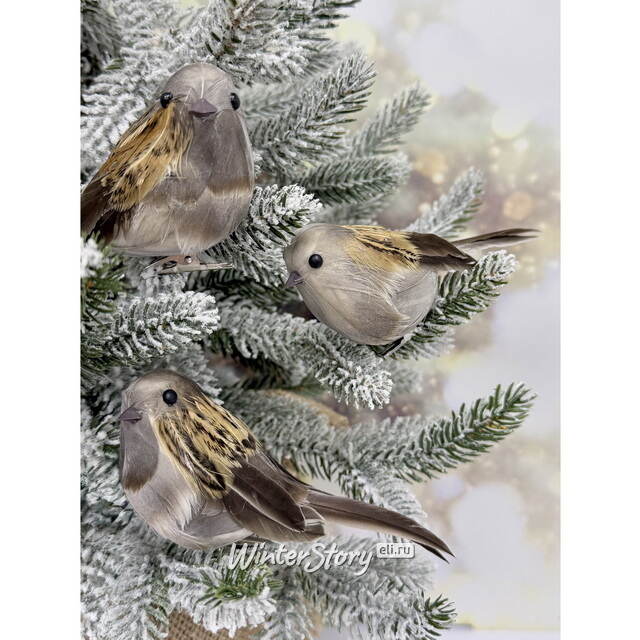 Елочное украшение Птички Воробьи 10 см, 3 шт, клипса Christmas Deluxe (Кристмас Делюкс)