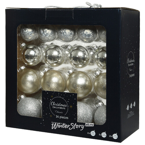 Набор стеклянных шаров Серебряный Ансамбль, 34 шт, 5-7 см Kaemingk
