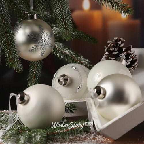Набор стеклянных шаров Монклер: Silver Snow 8 см, 6 шт Kaemingk