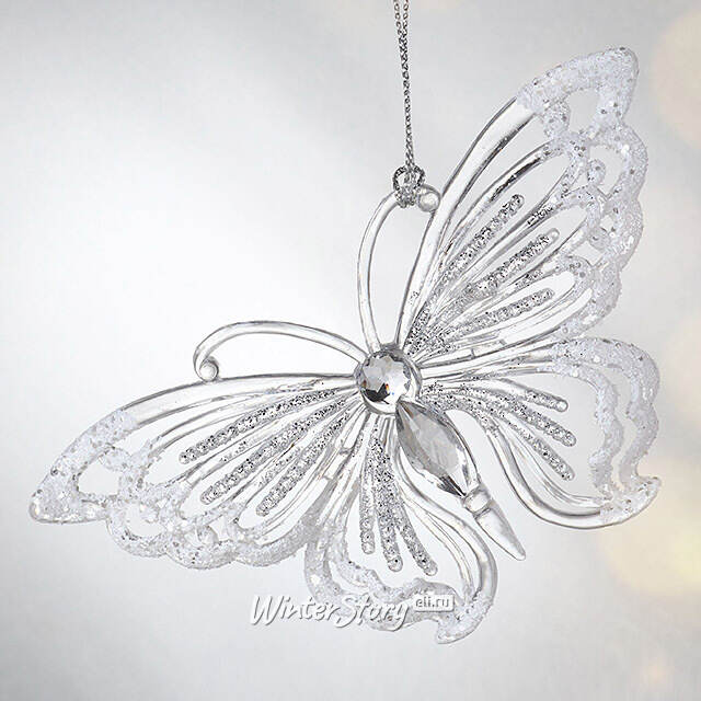Елочная игрушка Бабочка Адмирал 13 см прозрачно-серебряная, подвеска Forest Market