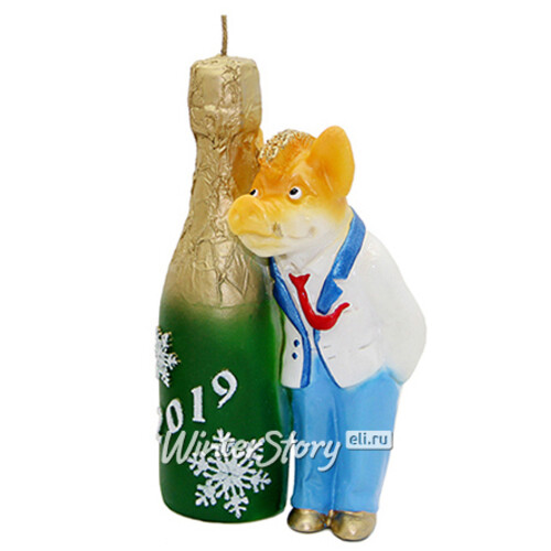 Свеча Мистер Свин с шампанским 15 см в синих брюках Снегурочка