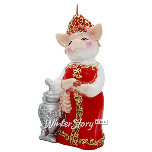 Свеча Свинка - Раскрасавица с самоваром 16 см в красном сарафане Снегурочка