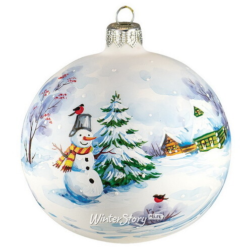 Стеклянный елочный шар Зимняя акварель - Снеговик у елки 10 см Фабрика Ариель