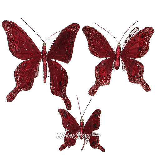 Набор елочных украшений Бабочки Артемида красные, 3 шт, клипса Katherine’s Collection