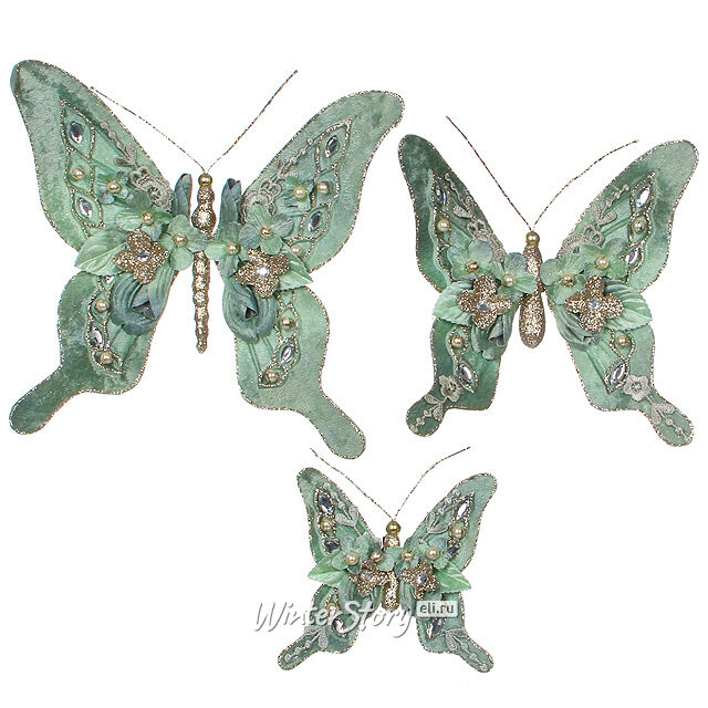 Набор елочных украшений Бабочки Артемида бирюзовые, 3 шт, клипса Katherine’s Collection