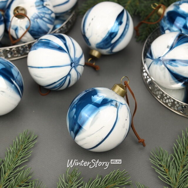 Набор стеклянных шаров Marble Indigo 8 см, 12 шт, уцененный Winter Deco
