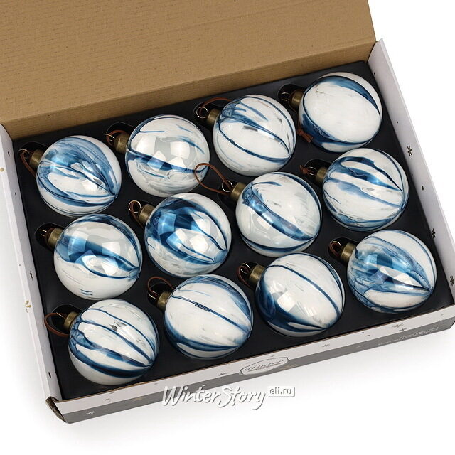 Набор стеклянных шаров Marble Indigo 8 см, 12 шт, уцененный Winter Deco