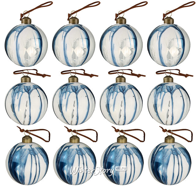Набор стеклянных шаров Marble Indigo 8 см, 12 шт, уцененный Winter Deco